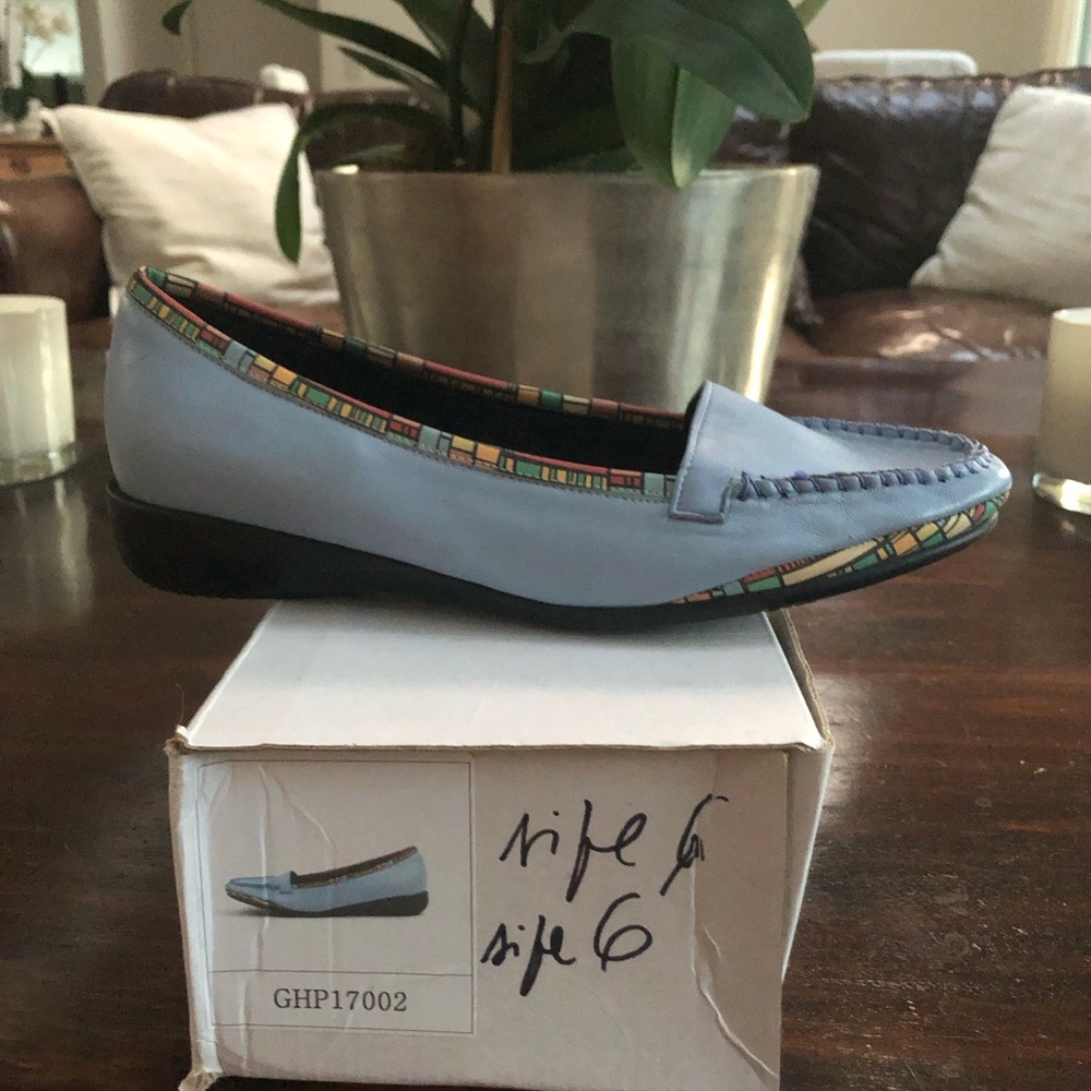 Light Blue Leather Slip-On Loafers with Multicolor Trim Grape Vine